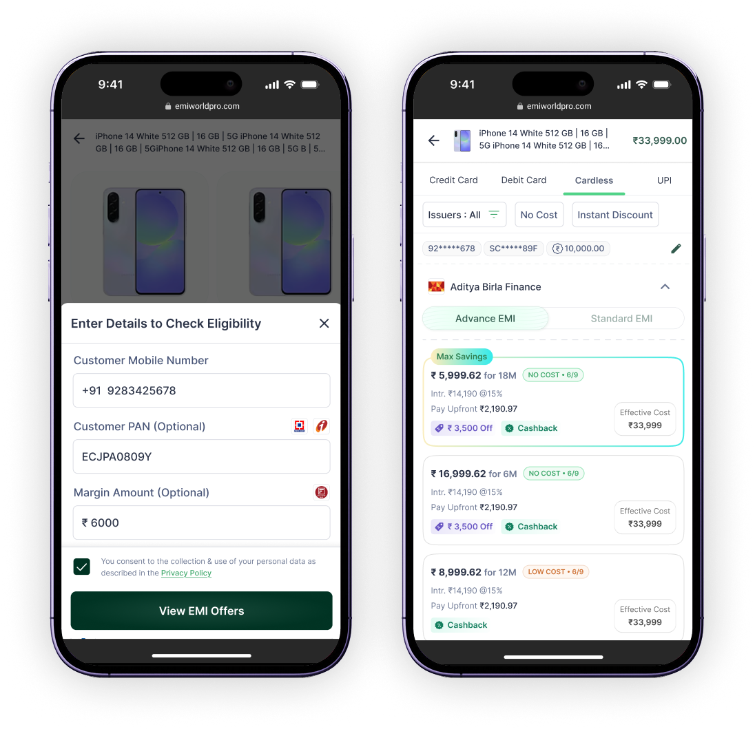 Cardless Simplified screens