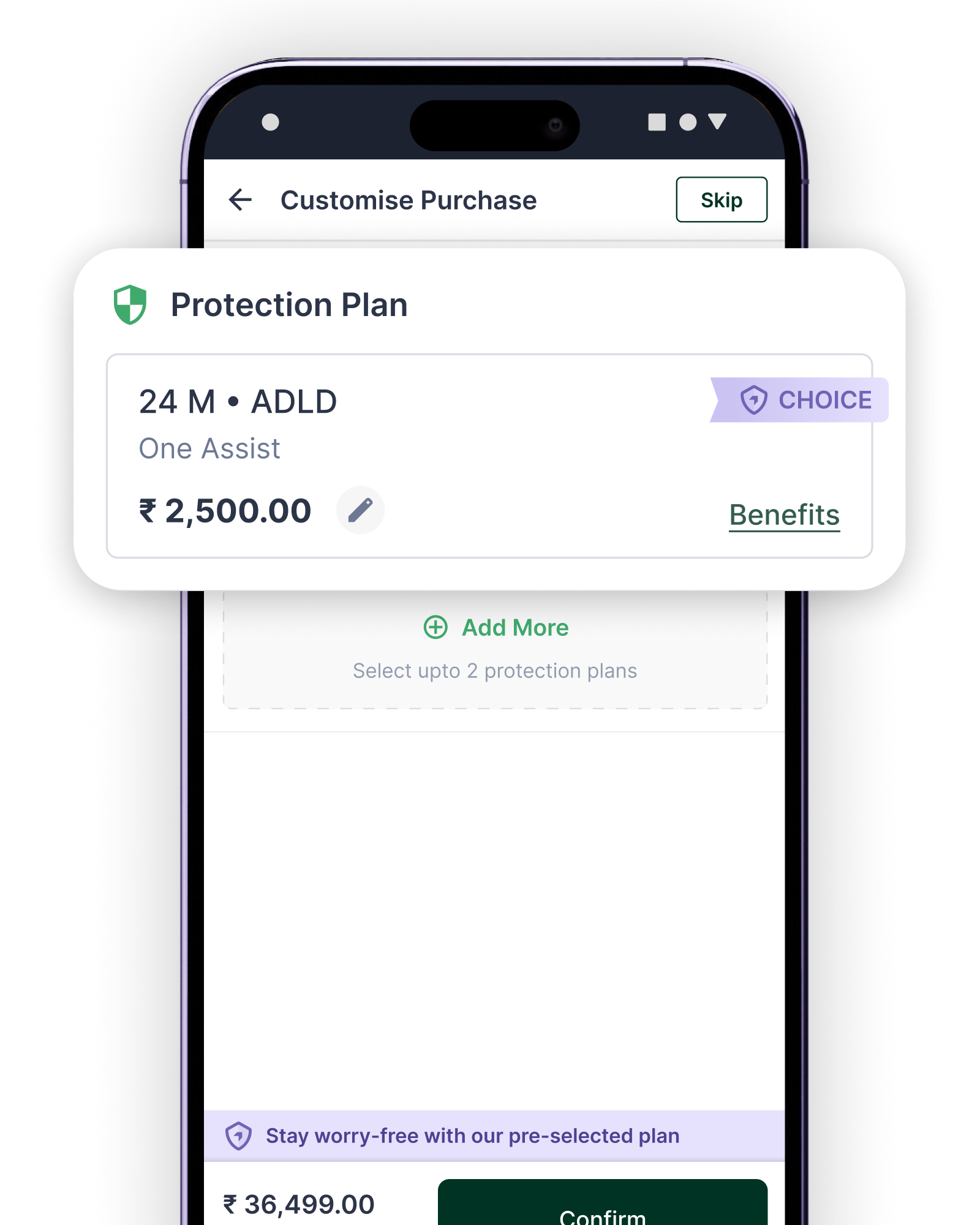 Auto Attach, Protection Plan pre-selected on Customise Purchase screen