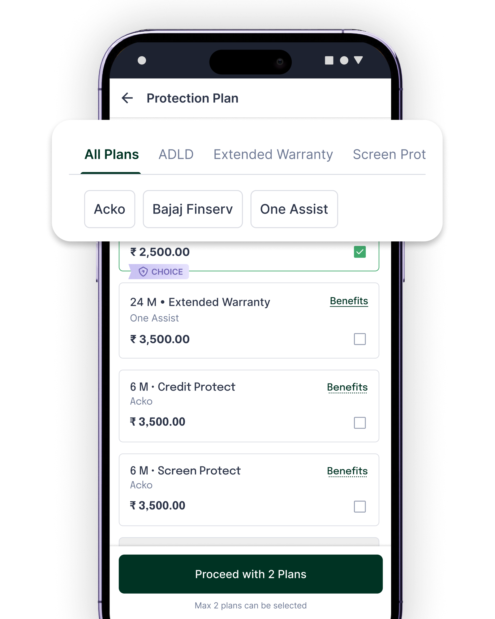 Browse Plans, Protection Plan list with provider filters