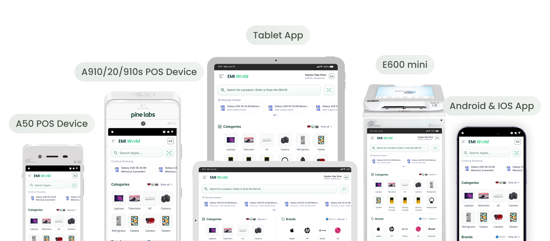 Platforms we are designing for, A50, A910/920/910s POS Devices, Tablet App, E600 mini, Android & iOS App