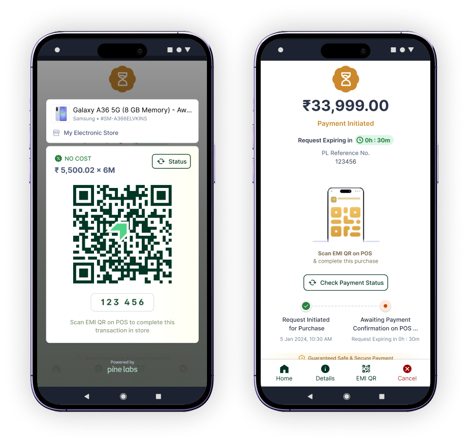 EMI World Mobile Checkout, Offer QR screen and Payment Initiated screen