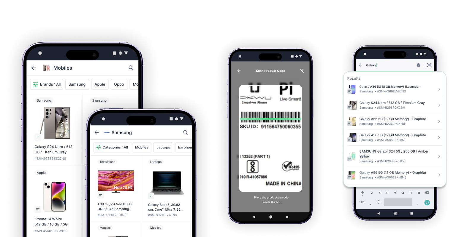 Browse Brands & Categories, Scan to Search, and Search Results screens